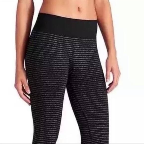 Athleta Shimmer Stripe leggings black silver metallic tights full length xl - Picture 2 of 11
